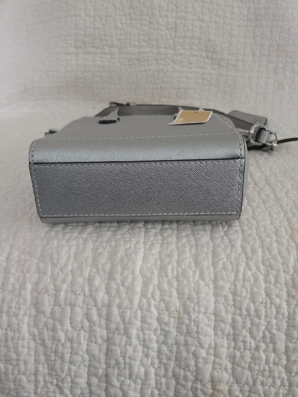 Michael Kors Silver Mini Saffiano Mini Tote with Crossbody Strap and card pouch